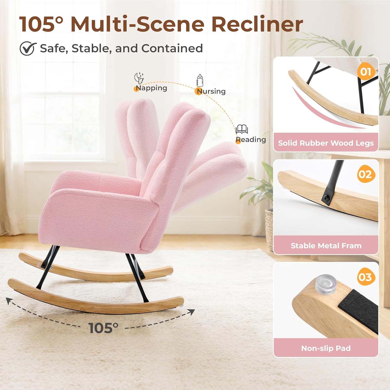 DUMOS Nursery Rocking Chair Teddy Upholstered, Comfy Glider Rocker with High Backrest Armchair Padded Seat, Accent Side Chair for Living Room Bedroom Offices Small Spaces Indoor, Pink