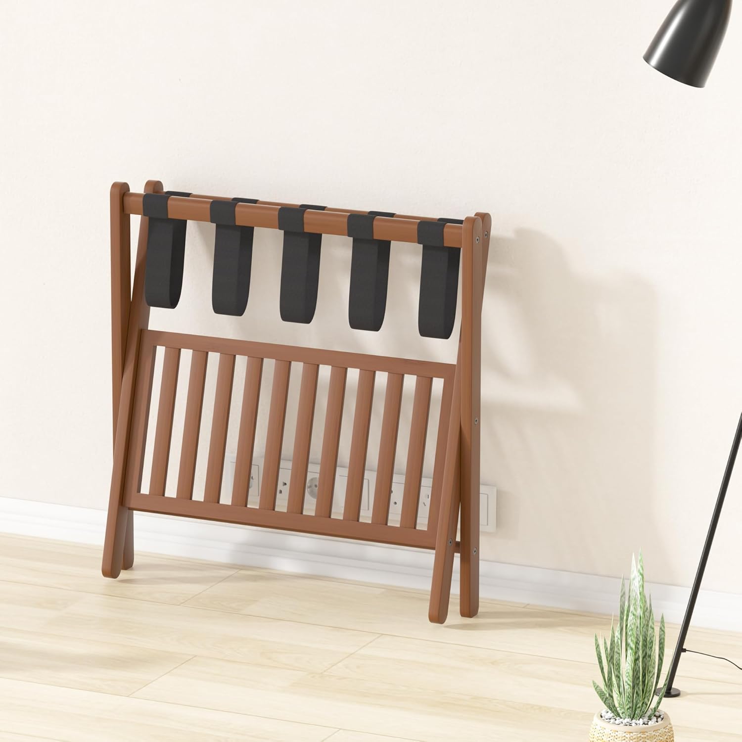 Luggage Racks Suitcase Stand Foldable With Storage Shelf For Guest Room Hotel Essentials Solid Bamboo Heavy-Duty Item Holder Chestnut Brown
