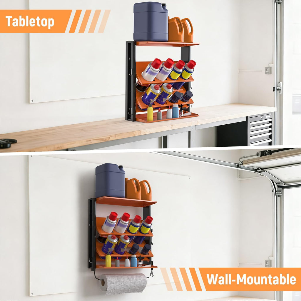 Spray Bottle Holder Wall-Mounted, Aerosol Spray Can Holder, Heavy Duty Paint Bottle Organizer with 8 Can Holes 80 LBS, Utility Storage Rack with Paper Towel Holder for Garage, Shop or Tool Trailer
