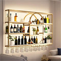 Large Wall Mount Wine Rack, Metal 4 Tier Large Capacity Hanging Bar Rack with Wine Glass Holder, Oval Wine Bottle Storage Display Rack for Kitchen, Living Room, Home (Gold, 180cm/71in)