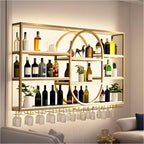 Large Wall Mount Wine Rack, Metal 4 Tier Large Capacity Hanging Bar Rack with Wine Glass Holder, Oval Wine Bottle Storage Display Rack for Kitchen, Living Room, Home (Gold, 140cm/55.1in)