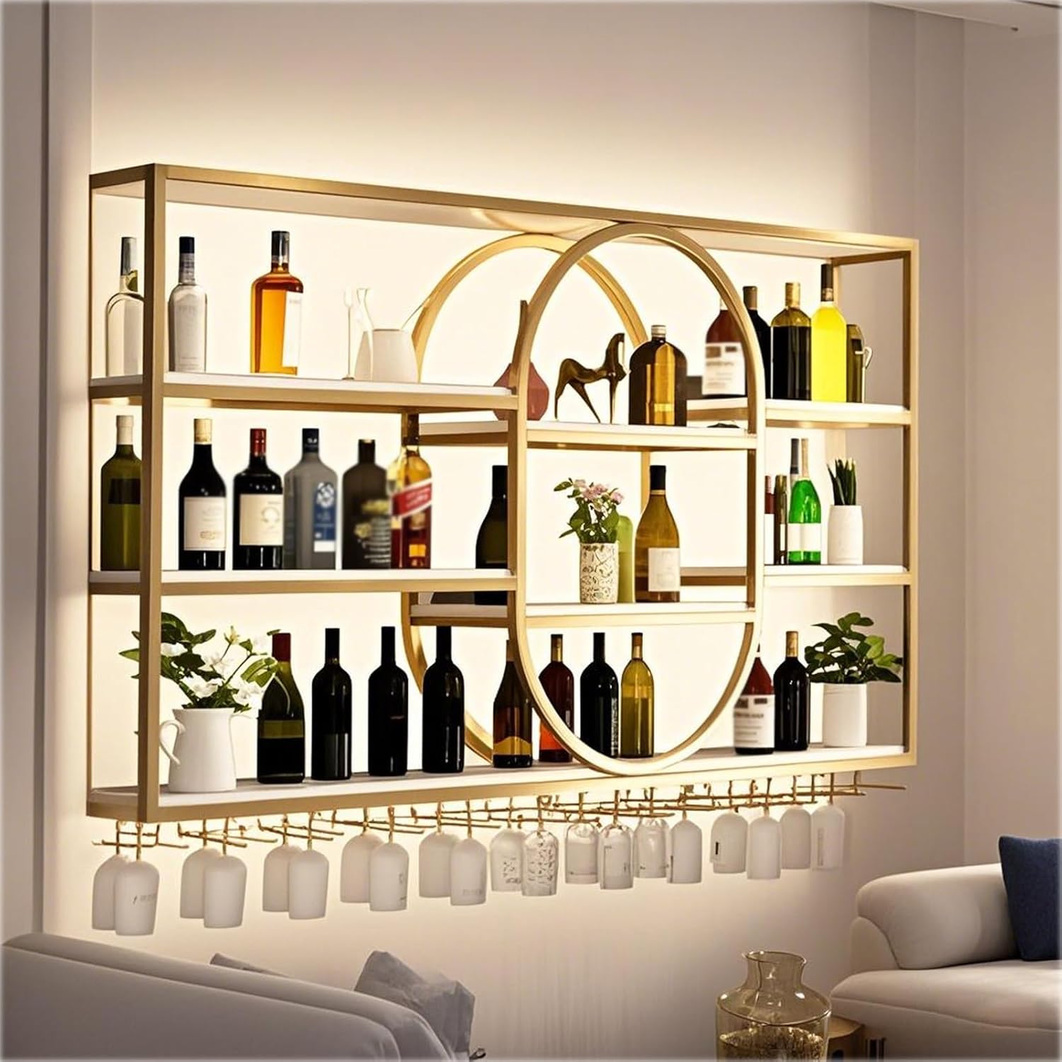 Large Wall Mount Wine Rack, Metal 4 Tier Large Capacity Hanging Bar Rack with Wine Glass Holder, Oval Wine Bottle Storage Display Rack for Kitchen, Living Room, Home (Gold, 160cm/63in)