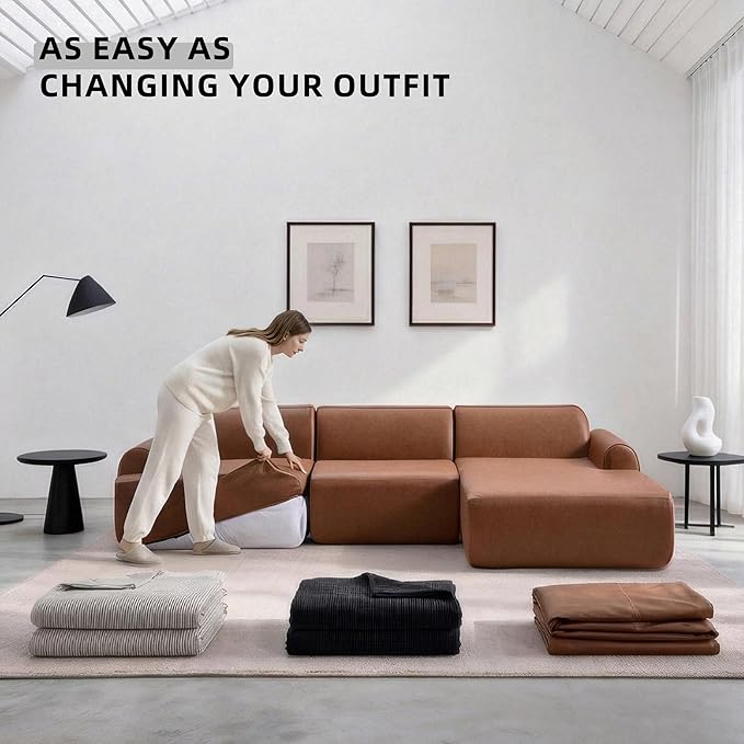 105” Modular Faux Leather Cloud Couch, Deep Seat L-Shaped Sectional with Removable Wipe-Clean Covers and Replaceable Cover Design for Living Room (Orange, 3 Seater+Right Facing Chaise)