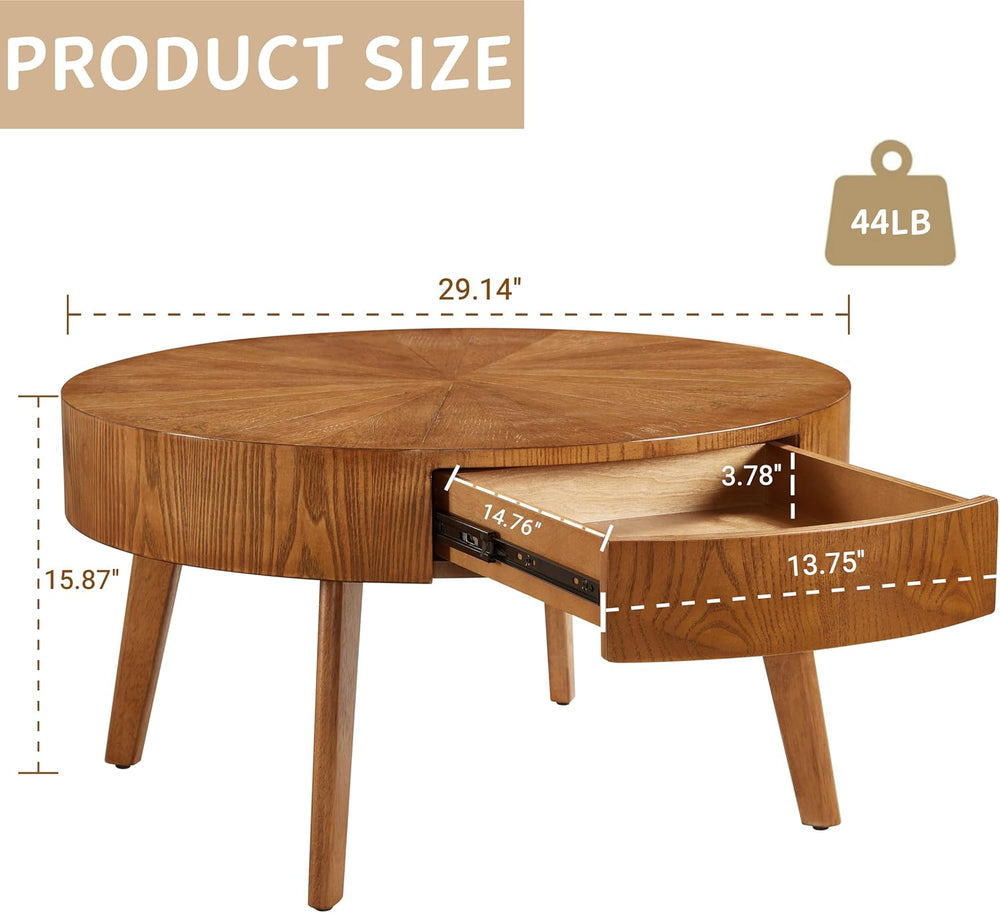 Round Wood Coffee Table for Living Room, Modern Farmhouse Table with Drawer, ...