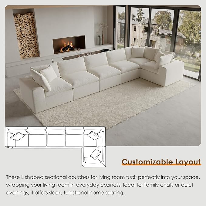 130" Oversized Boneless Cloud Couch, Modular Sectional Couches for Living Room, U Shaped with Deep Seats, No Assembly Required, 6 Seater Washable Fabric Sleeper Sofa, White