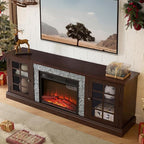 TV Stand with Electric Fireplace & Storage Cabinet, Entertainment Center with 2 Glass Door, Faux Stone Media Console Table for Living Room (Cherry,70" with Fireplace)