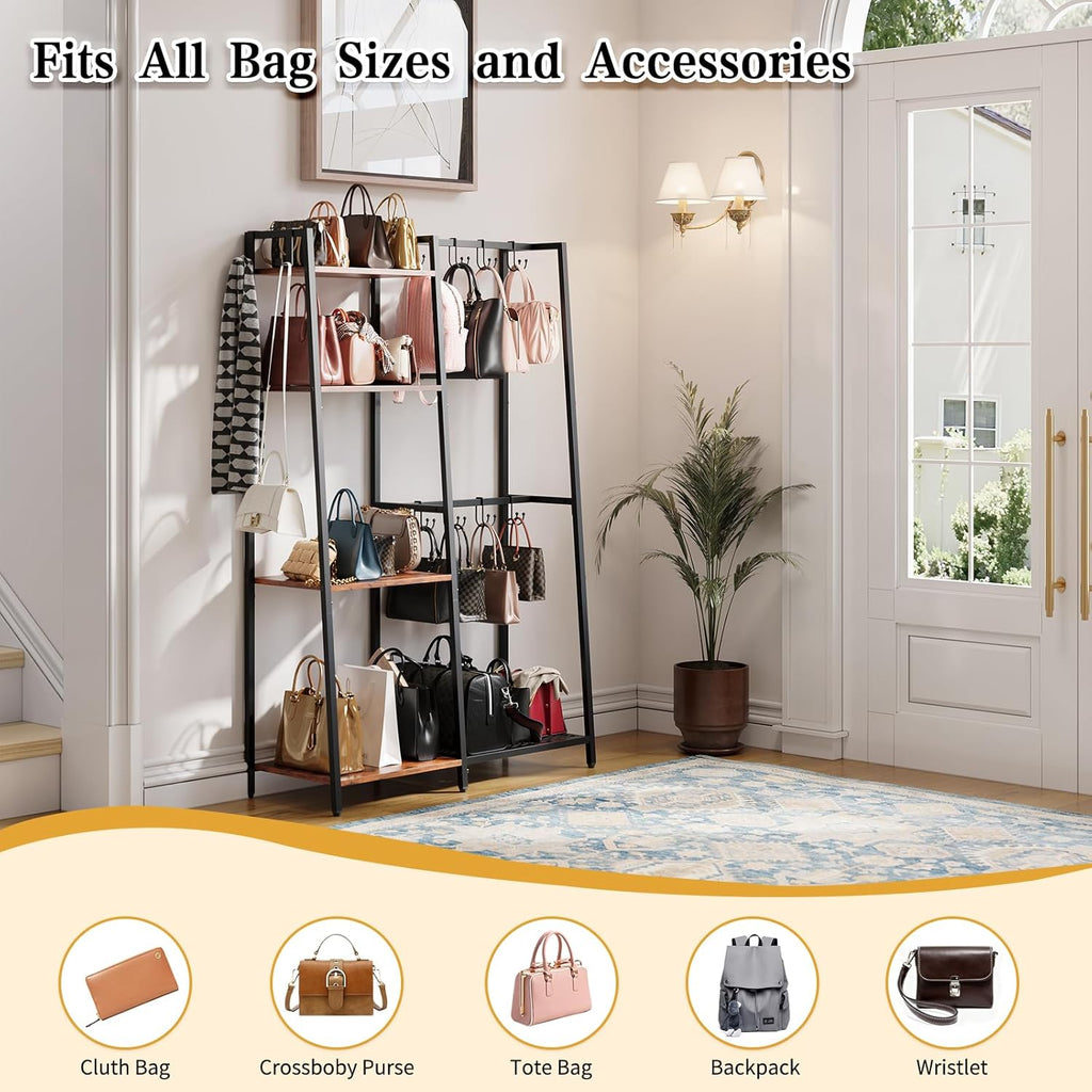 Purse Storage Organizer for Closet, 4-Tier Iron Wood Purse Rack, 8 Purse Hooks & 2 Side Hooks for Bag Organizer, Large Capacity Handbag Storage Rack for Home, Living Room