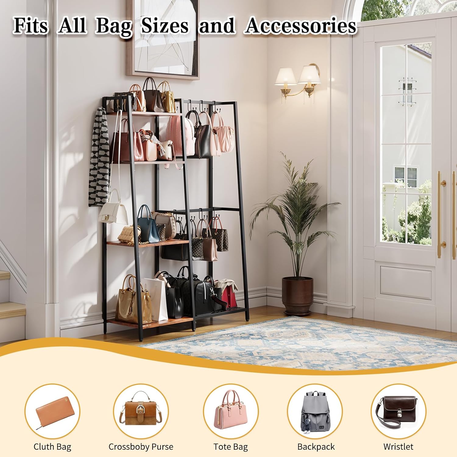 Purse Storage Organizer for Closet, 4-Tier Iron Wood Purse Rack, 8 Purse Hooks & 2 Side Hooks for Bag Organizer, Large Capacity Handbag Storage Rack for Home, Living Room