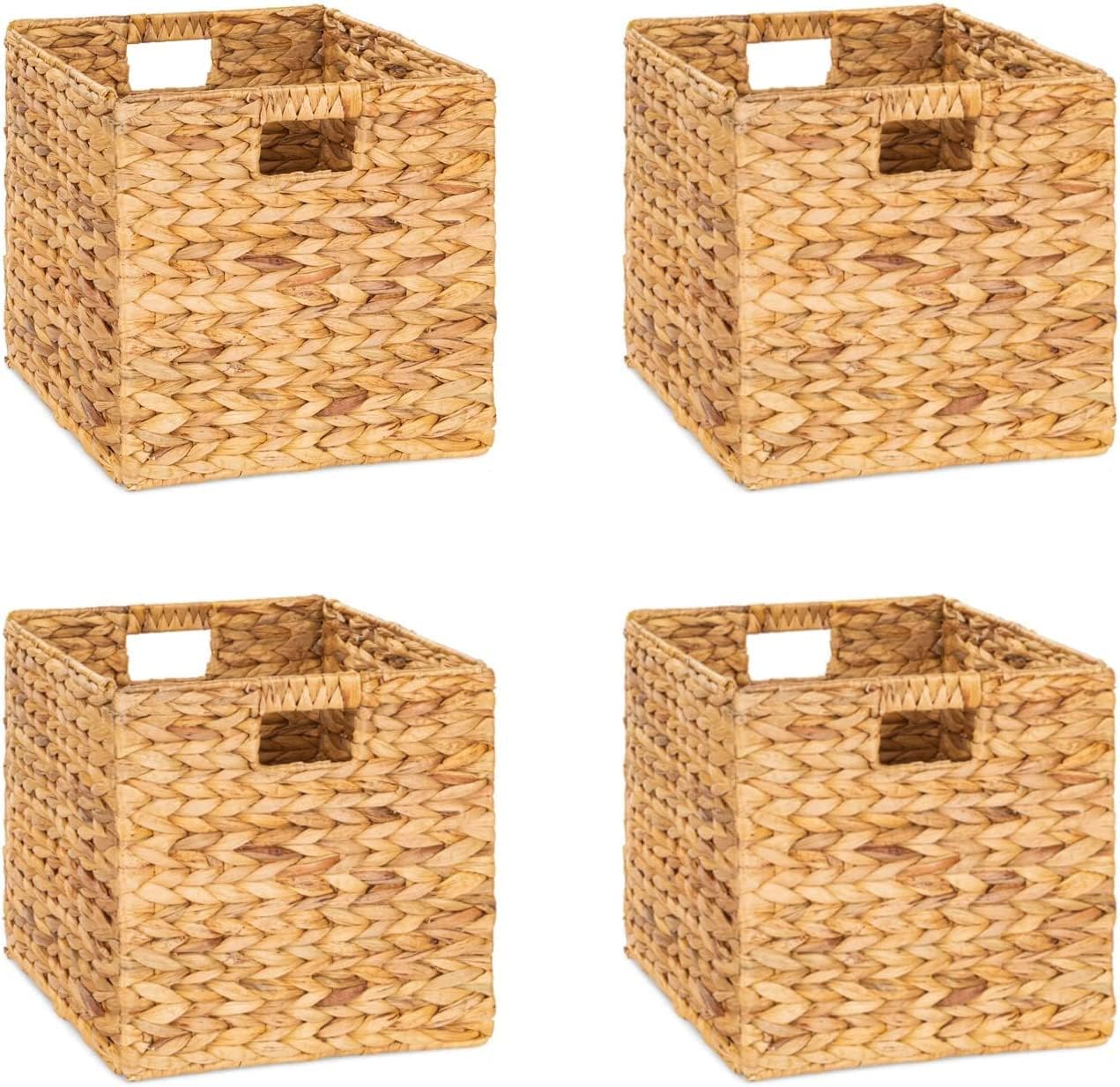 M4DECOR 12x12x12 Storage Cube, Water Hyacinth Storage Baskets, Wicker Storage Baskets for Shelves, Woven Baskets for Storage, Square Wicker Storage Basket for Bedroom, Living Room (4 Packs 12x12in)