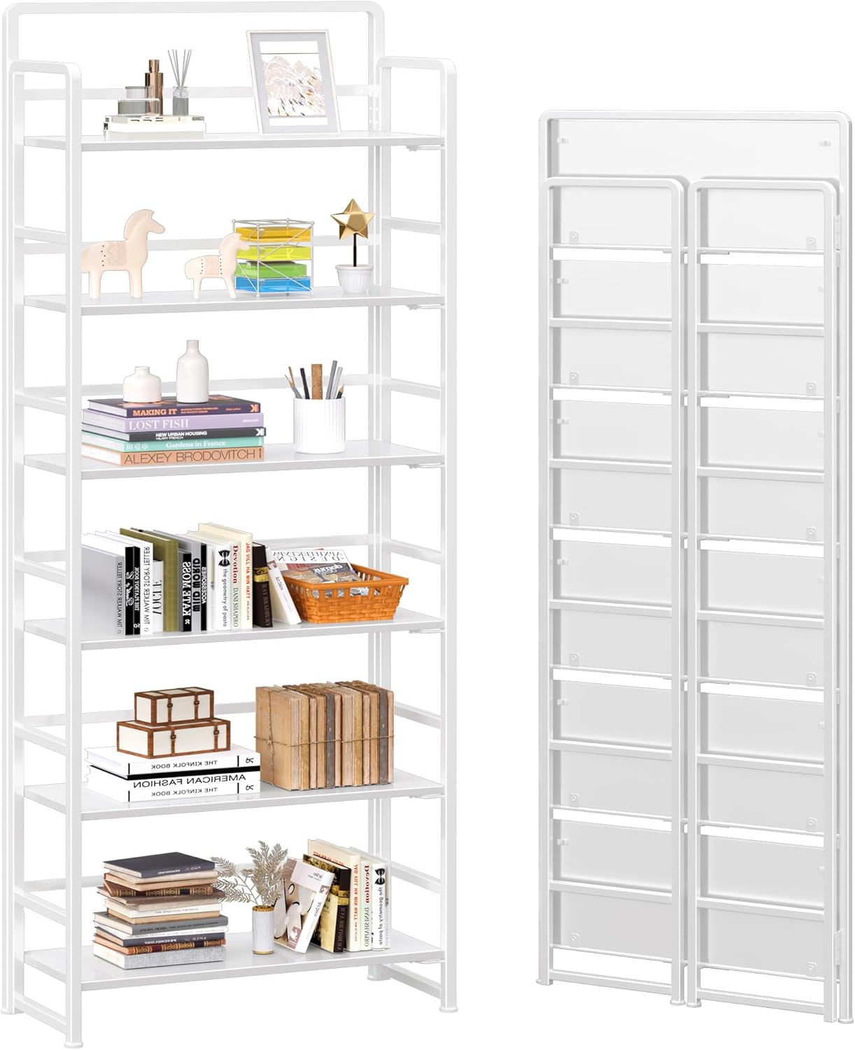 4NM No Assembly 6 Tiers Folding Bookshelf Storage Shelves Vintage Bookcase Standing Racks Study Organizer Home Office (All White)