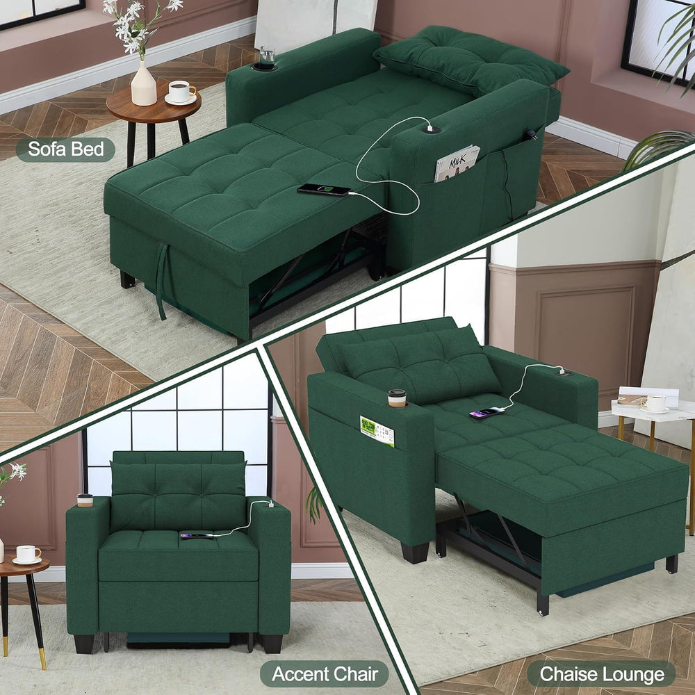 36" 3-in-1 Sleeper Chair, Convertible Pull Out Sofa Bed, Green Linen