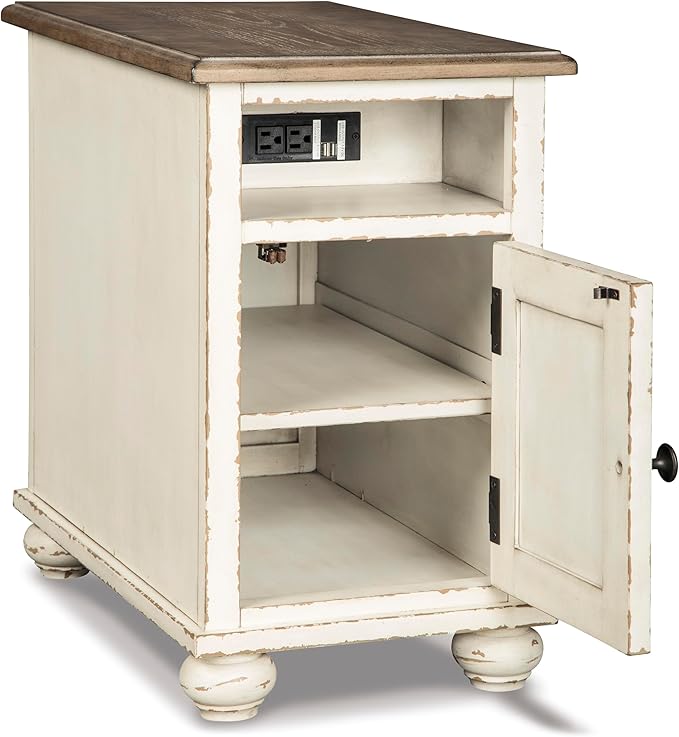 Signature Design by Ashley Realyn French Country Chair Side End Table with Outlets & USB Ports, Cream