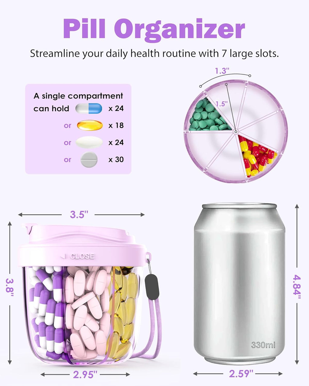 Cute Pill Organizer,Pill Dispenser with 7 Large Compartments,Portable Pill Bottle Box with Wide Opening for Easy Use, Anti-Mix Pills Organizer for Travel,Includes 20 Pcs Sticky Labels（Purple）