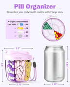 Cute Pill Organizer,Pill Dispenser with 7 Large Compartments,Portable Pill Bottle Box with Wide Opening for Easy Use, Anti-Mix Pills Organizer for Travel,Includes 20 Pcs Sticky Labels（Purple）
