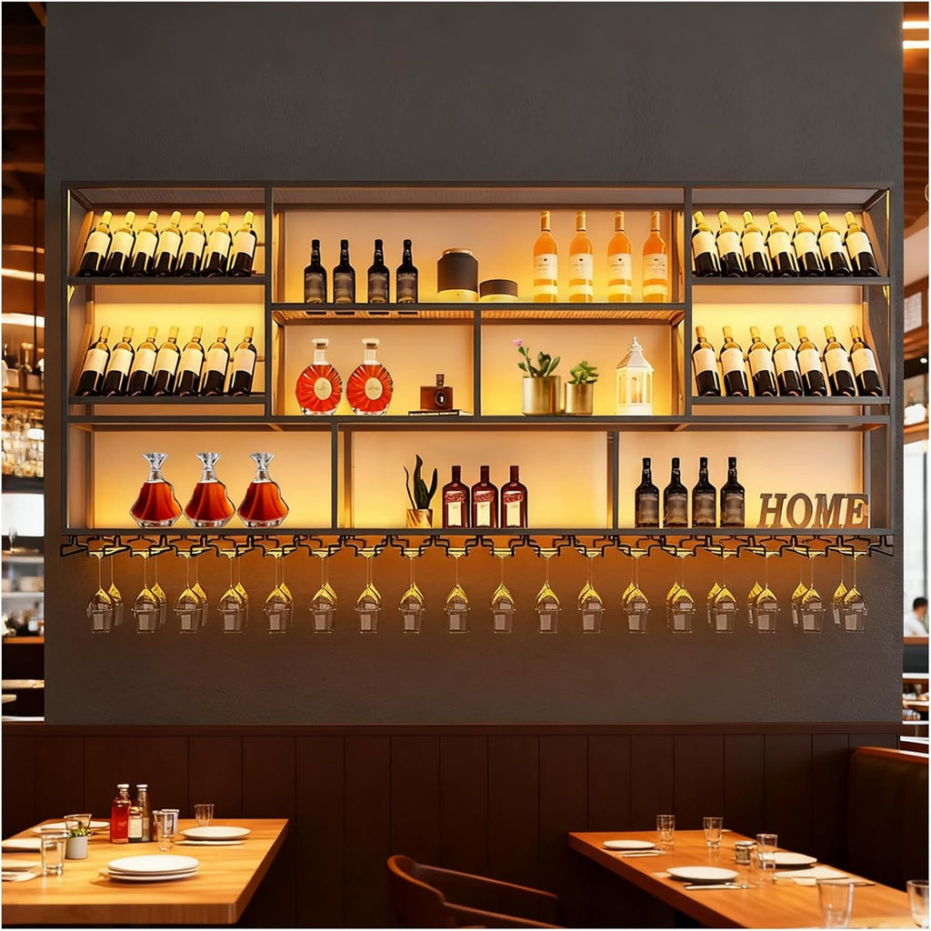 3 Tier Large Wine Rack Wall Mounted with Glass Holder, Black Modern Iron Liquor Shelf, 59.1 Inch Large Wine Bottle Display Shelf, for Kitchen Dining, Home Bar, Cellar (59.1" W)