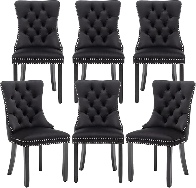 Mid Century Modern Dining Chair Set of 6 Velvet Upholstered Dining Accent Chair Farmhouse Dining Chairs with High Back and Nailhead Trim for Kitchen, Living Room, Bedroom (Black)