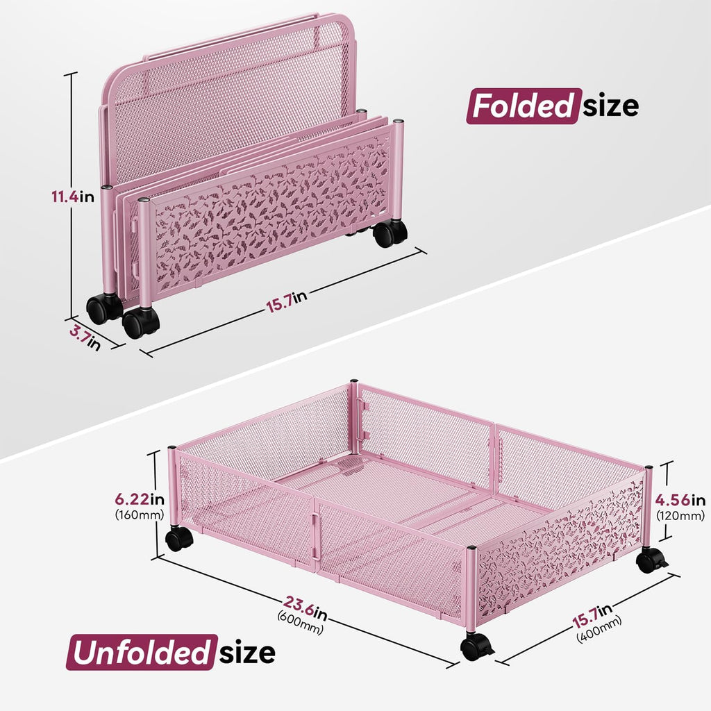 Under the Bed Storage Containers with Wheels, Under Bed Storage, Under Bed Shoe Storage Organizer Drawer, Tool-free Assembly Metal Underbed Storage Containers -Pink