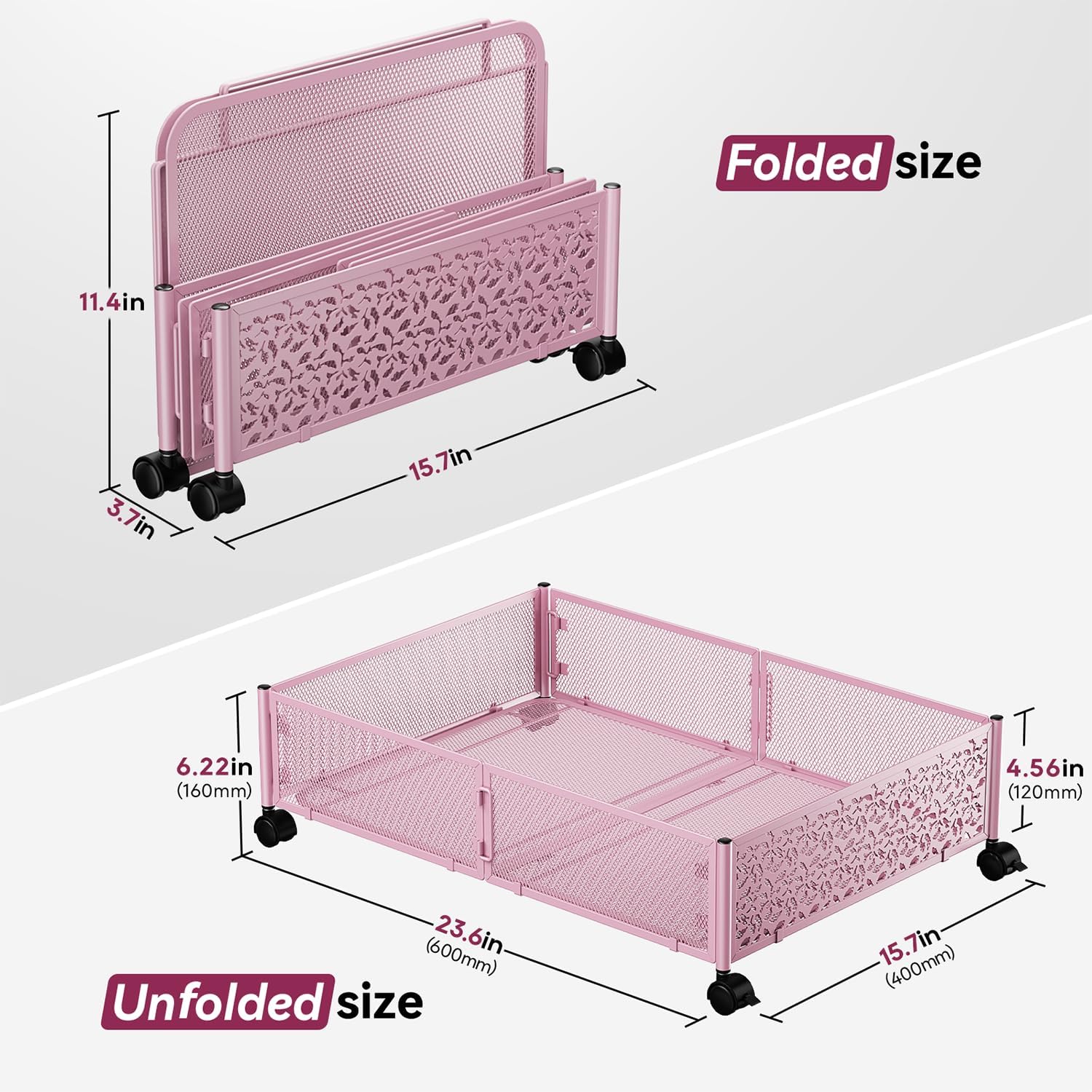 Under the Bed Storage Containers with Wheels, Under Bed Storage, Under Bed Shoe Storage Organizer Drawer, Tool-free Assembly Metal Underbed Storage Containers -Pink