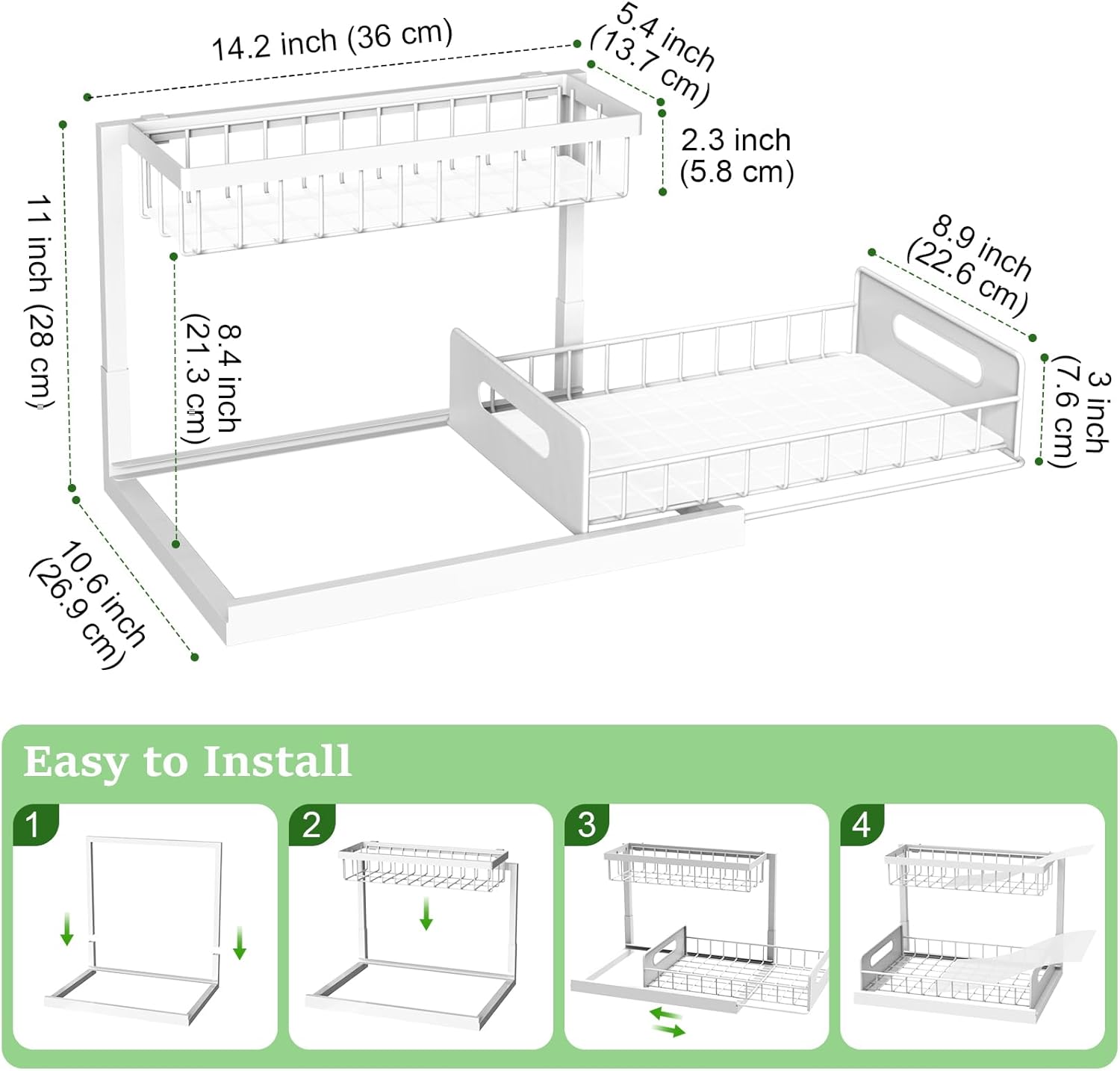 REALINN Under Sink Organizer, Pull Out Cabinet Organizer 2 Tier Slide Out Sink Shelf Cabinet Storage Shelves, Under Sink Storage for Kitchen Bathroom Cabinet, White, 1 Pack