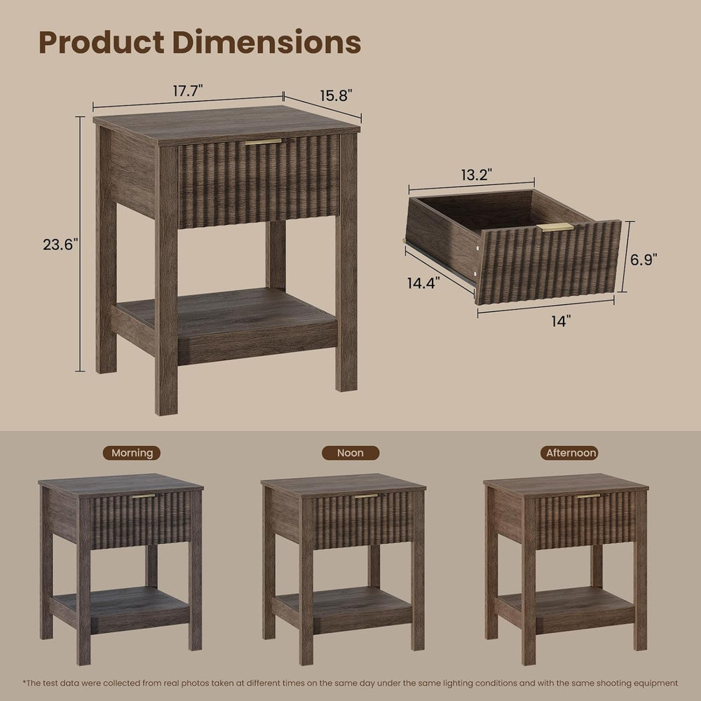 Fluted Night Stand with Golden Handle,Set of 2 Mid-Century Nightstands with D...