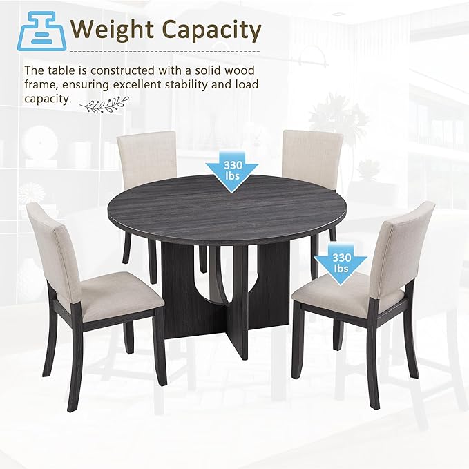 KEIKI 5-Piece Standard Height Dining Table Set with Round Table and 4 Upholstered Curved Backrset Chair, for 4 Person, Modern Wooden Table Set, Easy Assembly, for Kitchen, Dining Room, Beige+Black