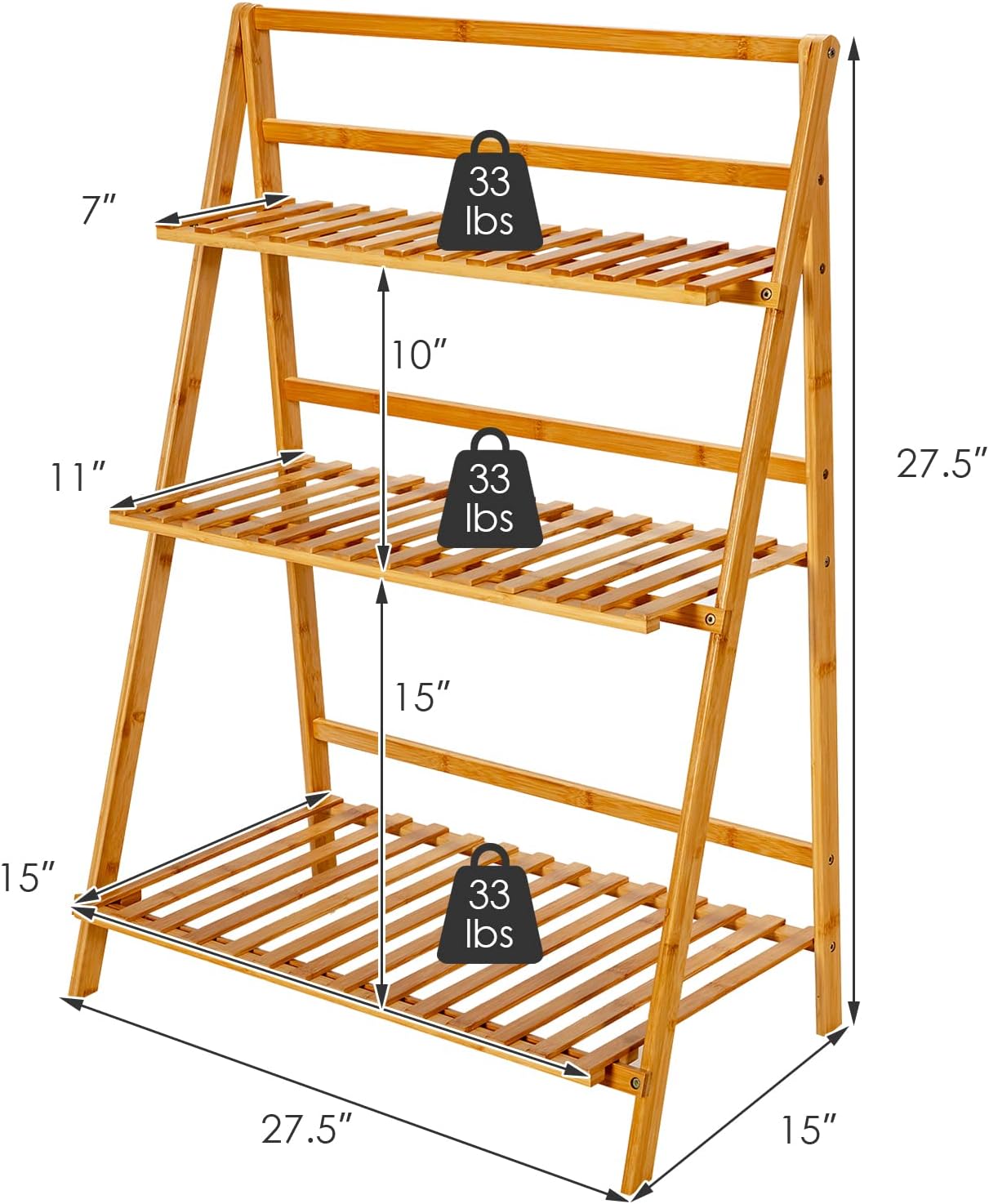 COSTWAY Bamboo Plant Stand, Foldable Multifunctional Flower Display Ladder Shelf, 3-Tier Storage Rack