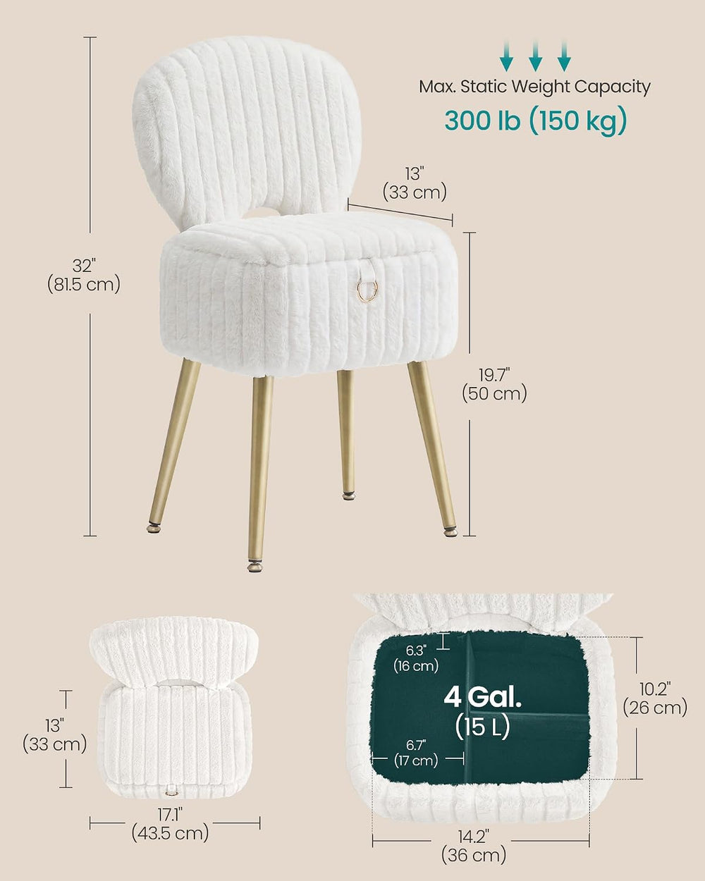 SONGMICS Vanity Chair, Makeup Stool with Folding Backrest | Plush Padded Dres...