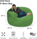 Chill Sack Bean Bag Chair - 5' Giant Memory Foam Lounge Chair with Soft Microfiber Cover – Cozy Furniture for Living Room, Dorm, & Kids' Rooms – Comfortable 5 Ft, Microsuede Lounge Sofa, Lime