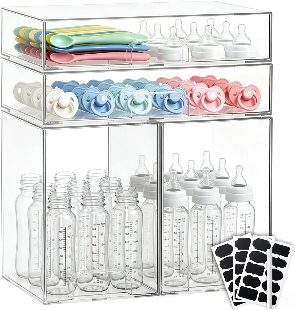 Baby Bottle Organizer Stackable, 4 Pack Clear Stackable Storage Drawers with 3 Stickers & 1 Pen, for Stationery, Cosmetics, Bathroom, Vanity, Countertop & Cabinet ((7.7’’ and 3.4’’Tall)