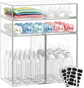 Baby Bottle Organizer Stackable, 4 Pack Clear Stackable Storage Drawers with 3 Stickers & 1 Pen, for Stationery, Cosmetics, Bathroom, Vanity, Countertop & Cabinet ((7.7’’ and 3.4’’Tall)