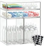 Baby Bottle Organizer Stackable, 4 Pack Clear Stackable Storage Drawers with 3 Stickers & 1 Pen, for Stationery, Cosmetics, Bathroom, Vanity, Countertop & Cabinet ((7.7’’ and 3.4’’Tall)