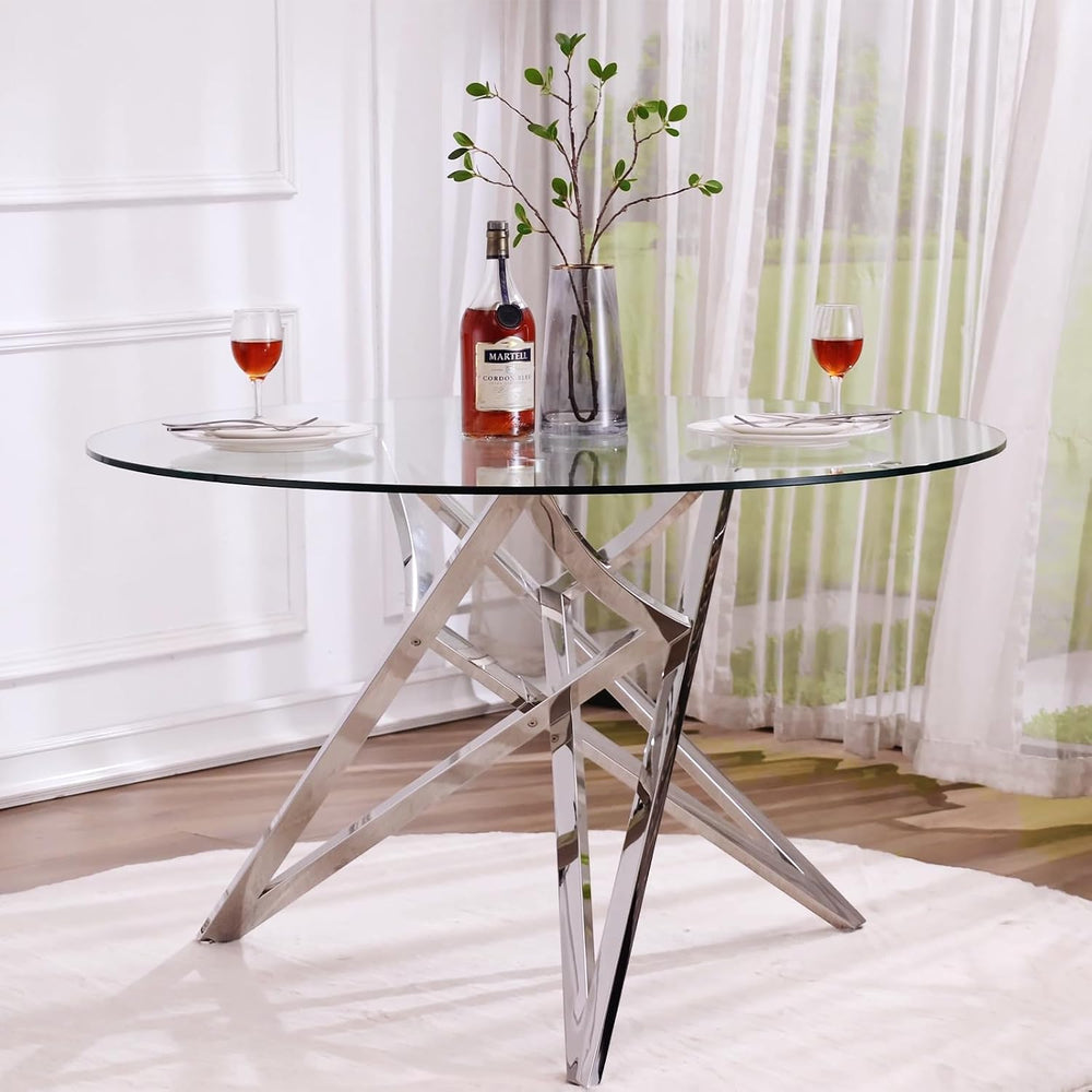Glass Round Dining Table, 47.2" Modern Round Table with Silver Mirrored ...