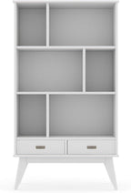 SIMPLIHOME Draper Bookcase - 64 inch Tall Solid Hardwood Wide Storage Bookshelf in White, Mid-Century Modern Storage for Living Room, Study Room or Office with Adjustable Shelves and Tapered Legs