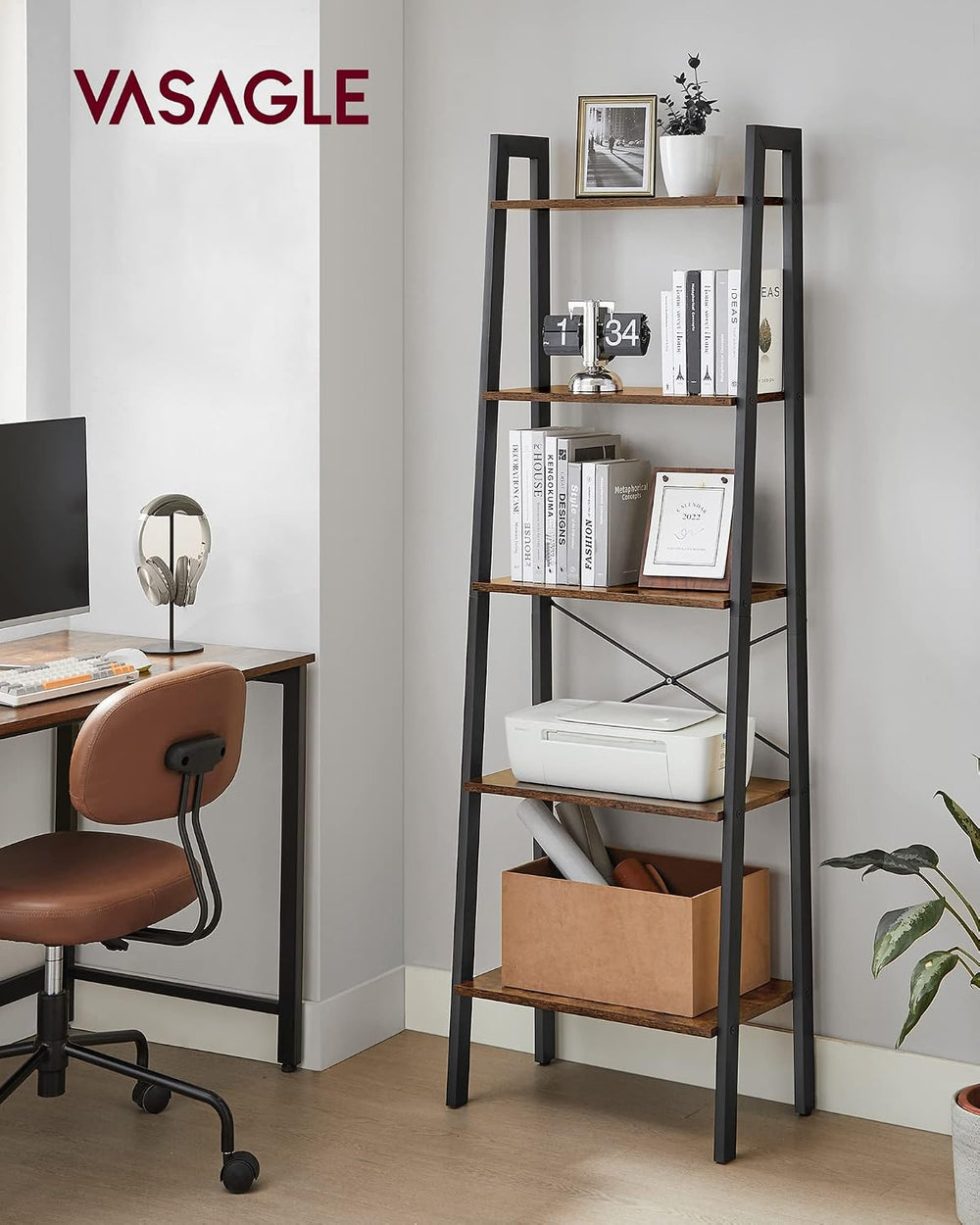 VASAGLE Ladder Shelf, Bookcase Book Shelf, Storage Shelves, 5-Tier, 22In