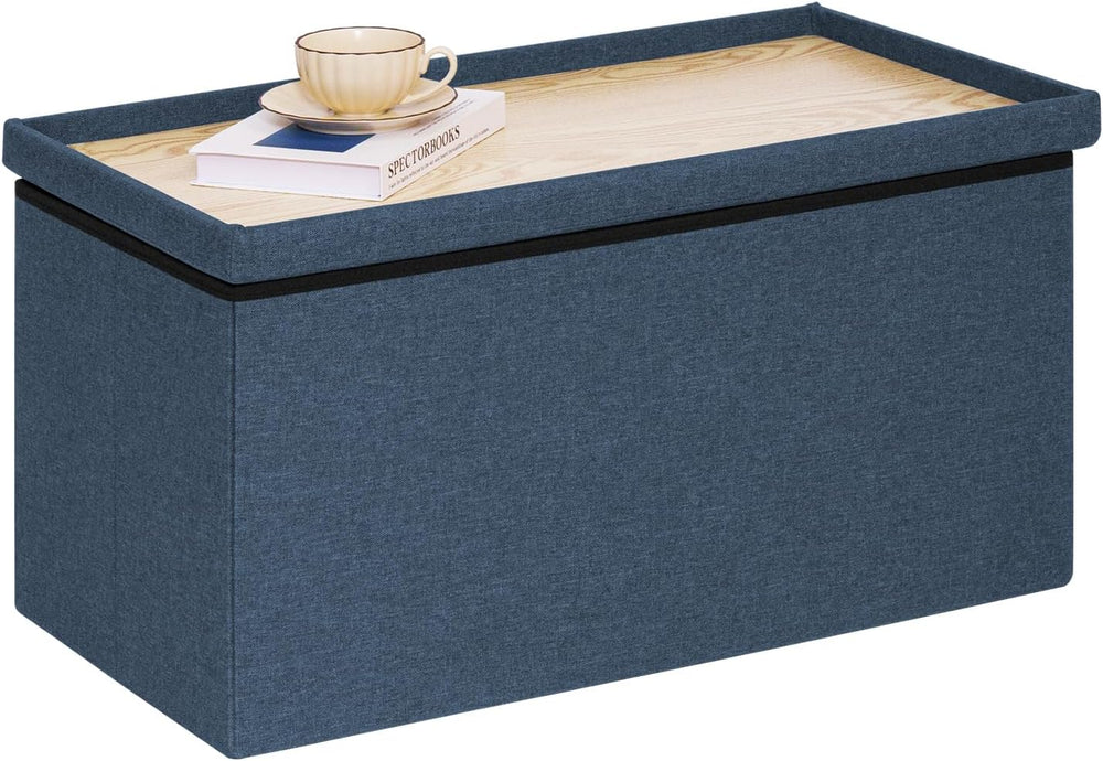 PINPLUS Folding Storage Ottoman Bench with Tray, Dark Blue