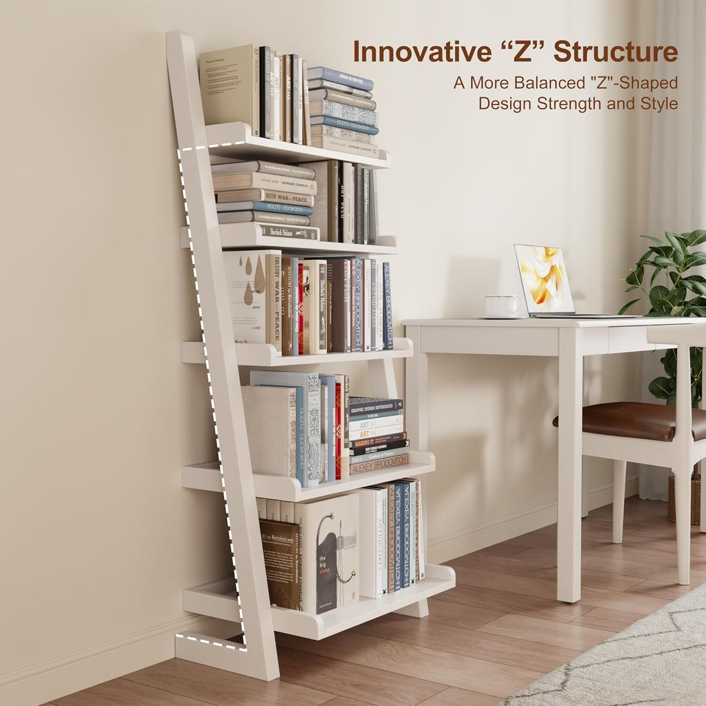 Wooden Ladder Shelf, Ladder Bookshelf, Short Ladder Shelf with Stable Structure, Leaning Bookshelf Ladder for Living Room, Bedroom, Home Office, 55.1" H (White)
