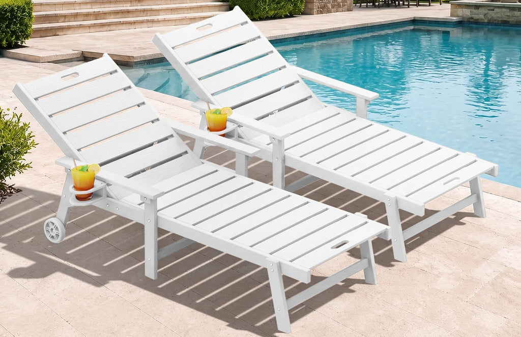YEFU Lounge Chair Outdoor Set of 2, HIPS Chaise Lounge Outdoor, White | Lounge Chair with Wheels & Cup Holder, 5-Level Adjustable Backrest,Weather Resistance, Easy to Assemble, For Patio/Beach/Pool