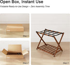 Fully Assembled Luggage Rack Set of 2 for Guest Room, Bamboo Suitcase Stand with Foldable Storage Shelf, Crossed Nylon Straps Folding Luggage Holder for Bedroom and Hotel, Walnut