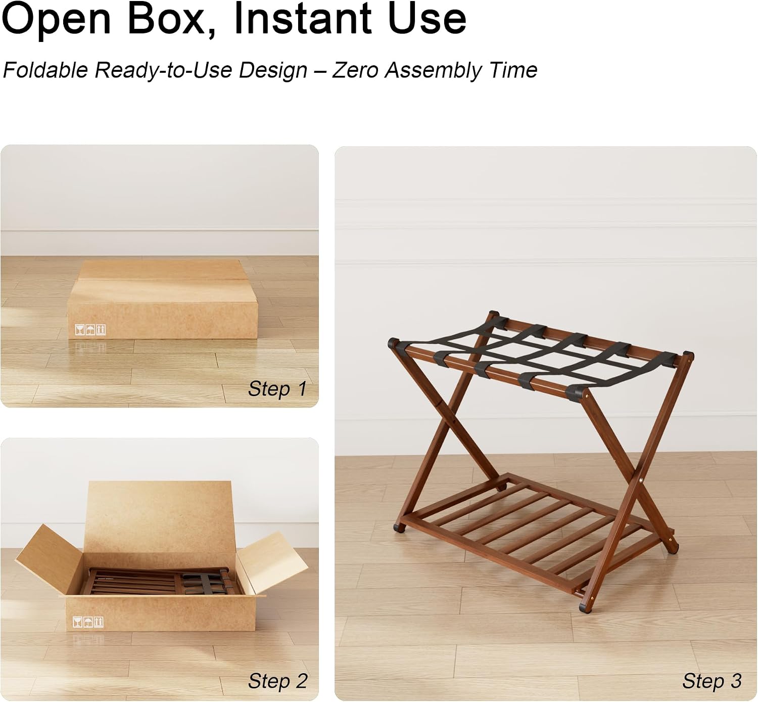 Fully Assembled Luggage Rack Set of 2 for Guest Room, Bamboo Suitcase Stand with Foldable Storage Shelf, Crossed Nylon Straps Folding Luggage Holder for Bedroom and Hotel, Walnut