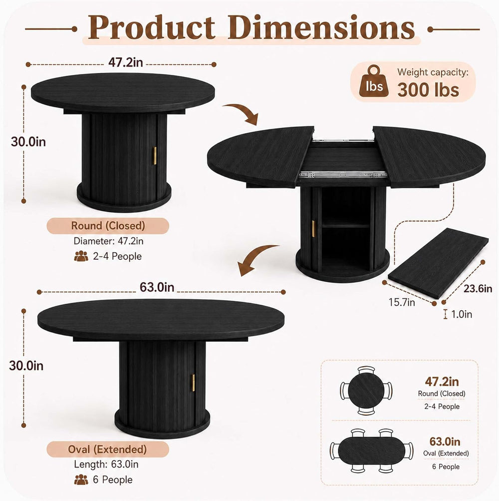 47-63" Extendable Round Dining Table with Storage for 4-6 Person, Fluted...