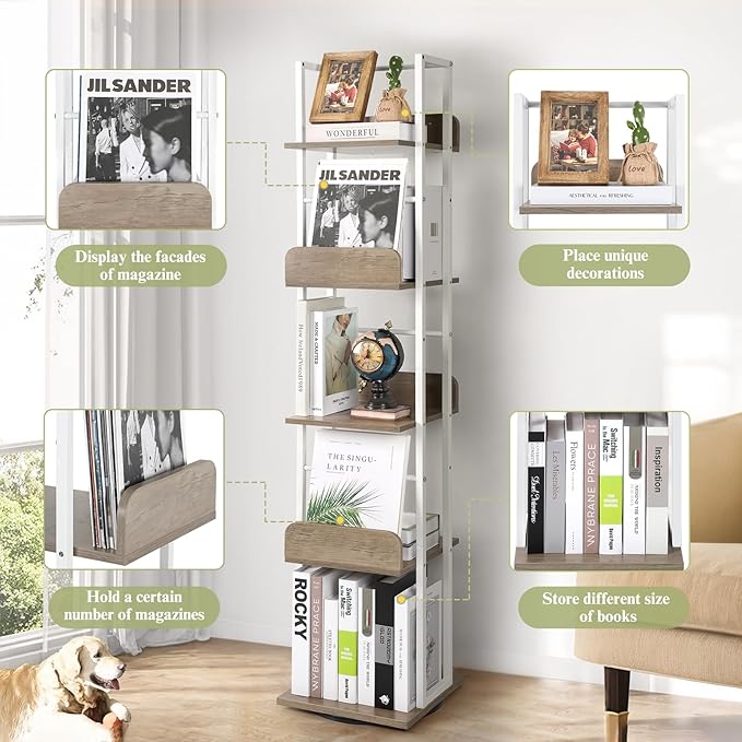 Bikoney Bookshelves 5-Tier, Rotating Bookshelf Tower for Corner, Small Narrow Bookcase, Tall Industrial Bookshelf, Wood and Metal White