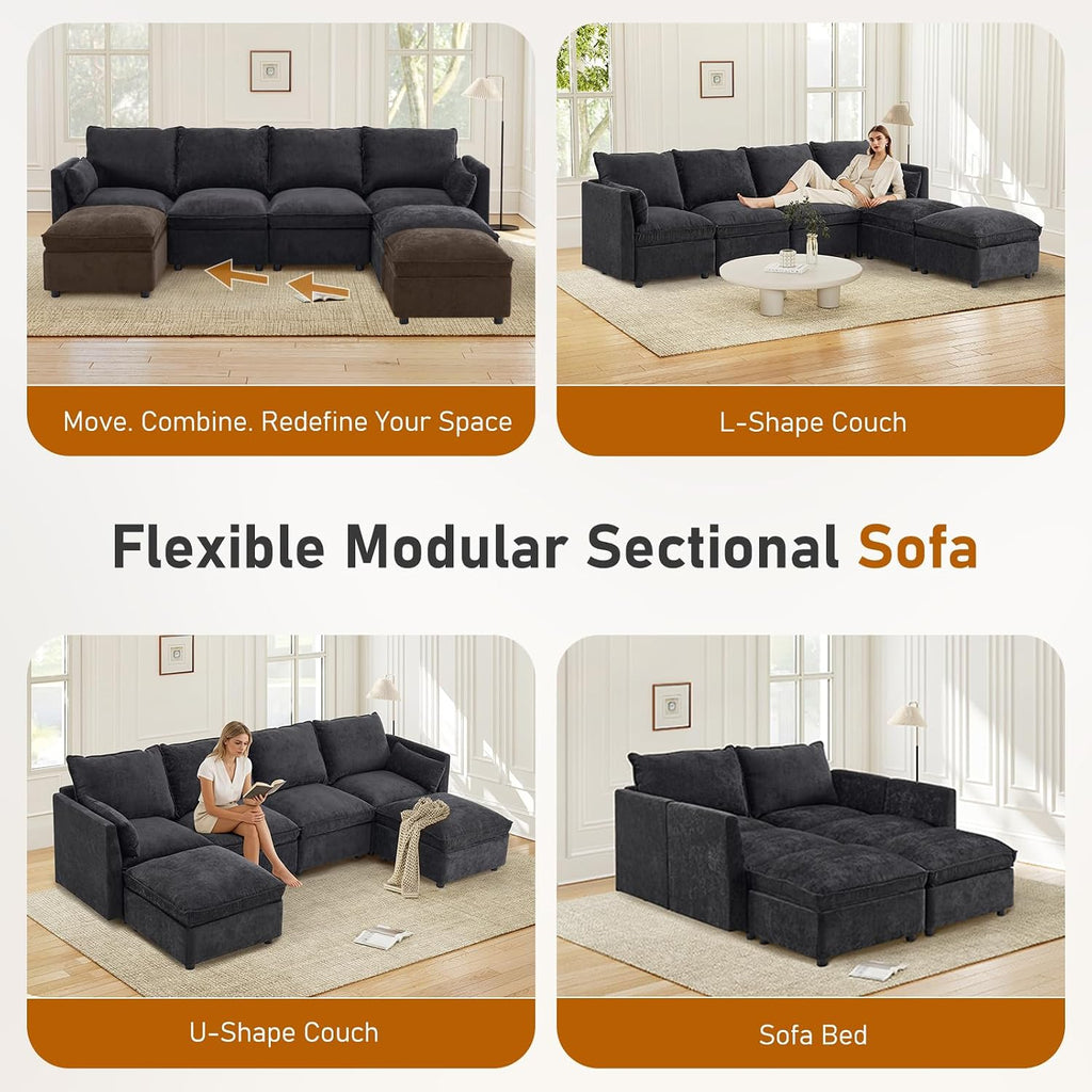 Furnimart 111" Modular Sectional Sofa with Full Seat Storage, U-Shaped 6-Seater Deep Seat Couch with Chenille Fabric Sectional with 2 Movable Ottomans for Living Room, Black