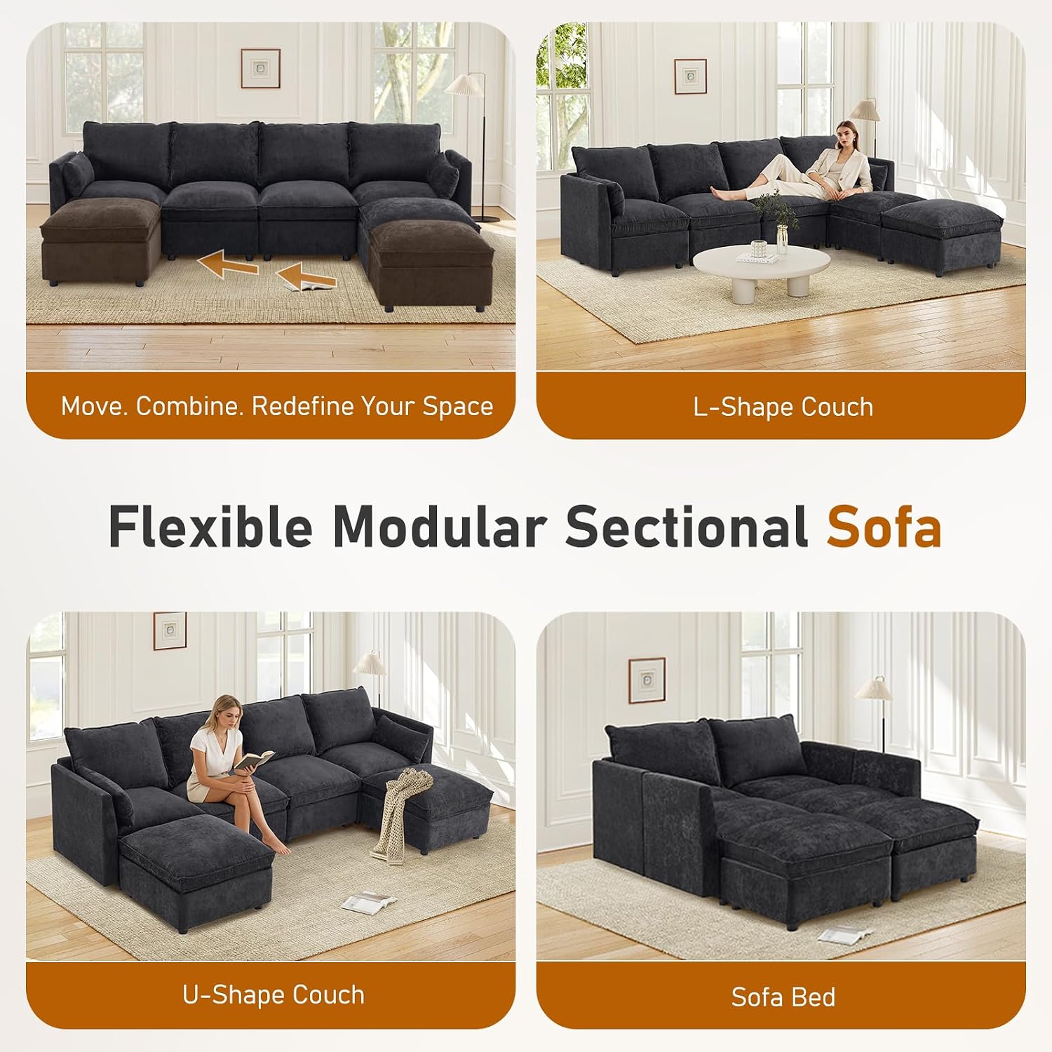 Furnimart 111" Modular Sectional Sofa with Full Seat Storage, U-Shaped 6-Seater Deep Seat Couch with Chenille Fabric Sectional with 2 Movable Ottomans for Living Room, Black