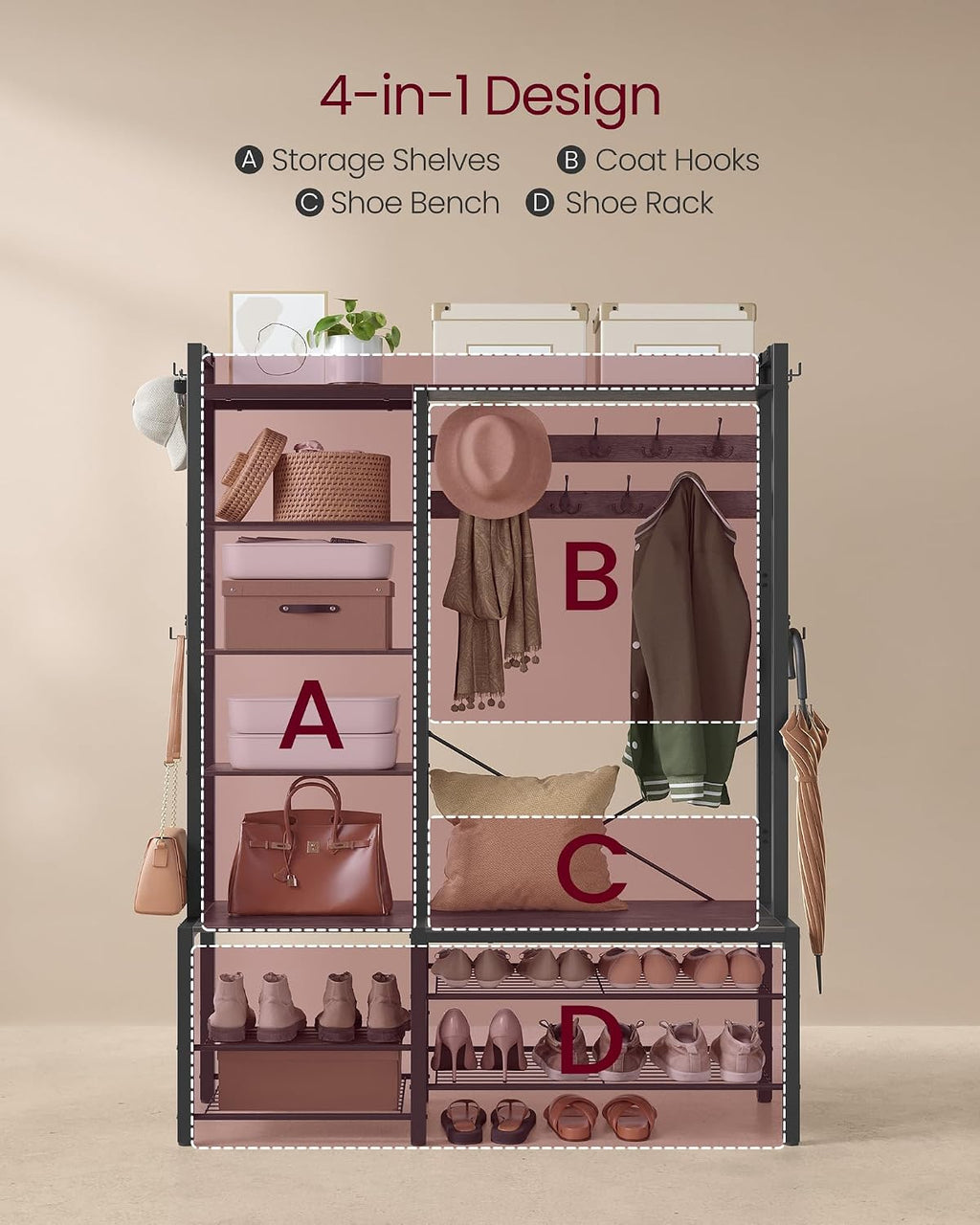 VASAGLE Hall Tree with Bench and Shoe Storage, Entryway Coat Rack with Shoe Bench, 5 Storage Shelves, 9 Coat Hooks, 6 Side Hooks, 15.7 x 47.2 x 74.8 Inches, Stone Gray and Ink Black UHSR426B04