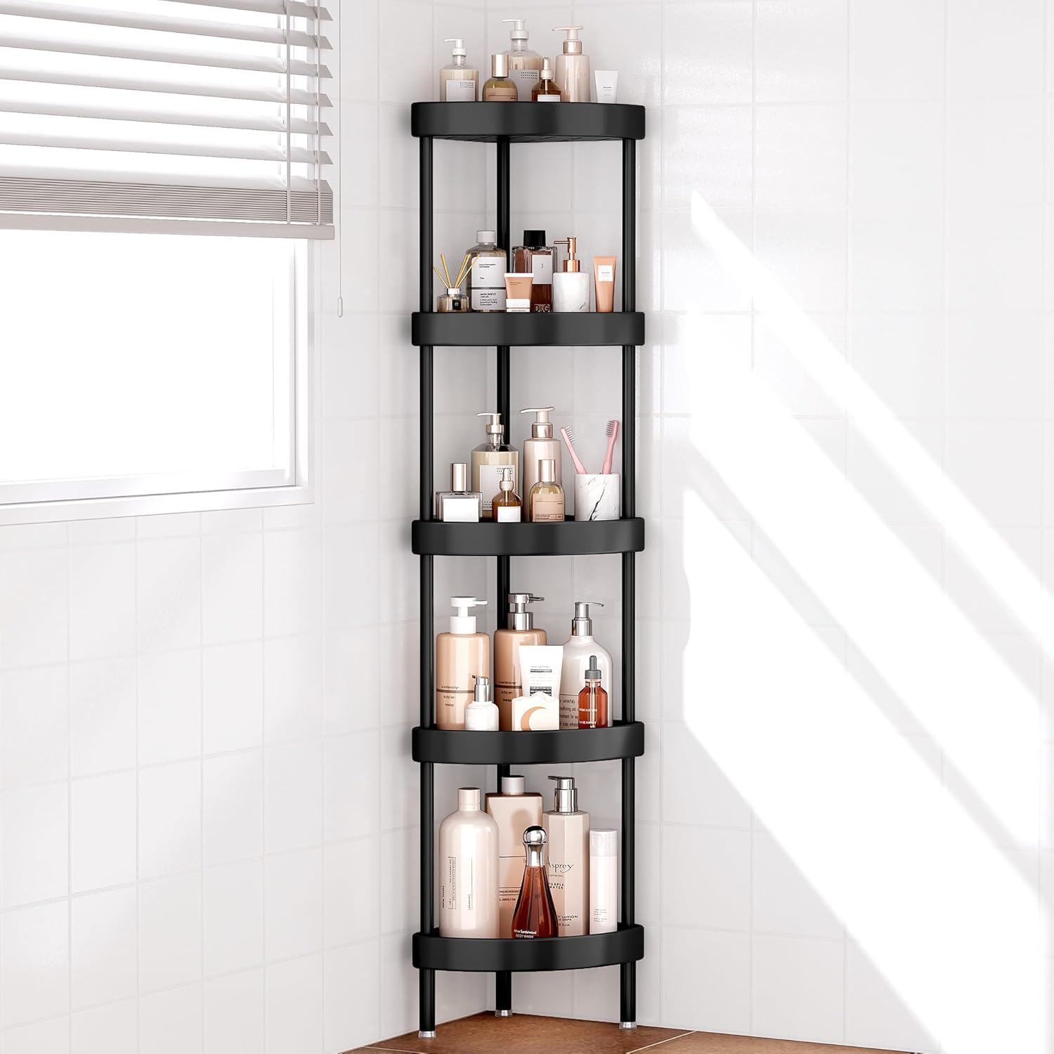 Nieifi Corner Shower Caddy Stand-5 Tier Rustproof Anodized Aluminum Standing Shower Organizer-Shower Caddy Corner-Dual Stability to Anti-Shaking-Height-Adjustable Legs for Uneven Surfaces-Black