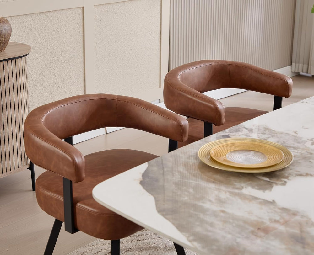 Shunzhi Brown Upholstered Leather Dining Chairs Set of 6 Modern Barrel Dining...