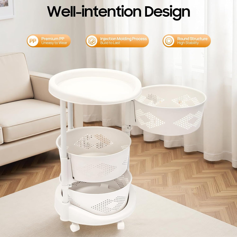 Storage Cart, 3-Tier Rotating Storage Shelf, Kitchen Detachable 180° Rotatabl...
