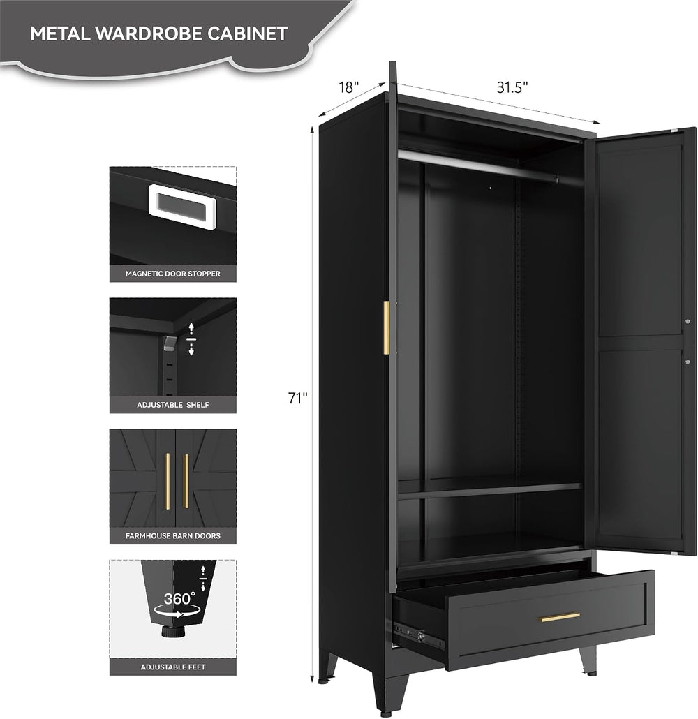 Black Metal Wardrobe Closet, Steel Armoire Wardrobe with Drawer Clothes Cabin...