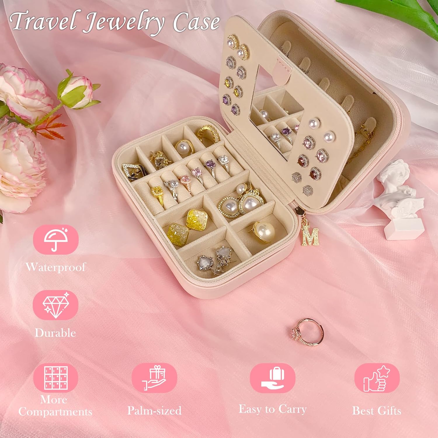 TopPerfekt Travel Jewelry Case, Jewelry Box with Mirror, Jewelry Organizer Bridal Shower Gifts to Her, Earring Storage Travel Case, Trendy Gift for Women and Girls, Girlfriend-Letter A, Pink