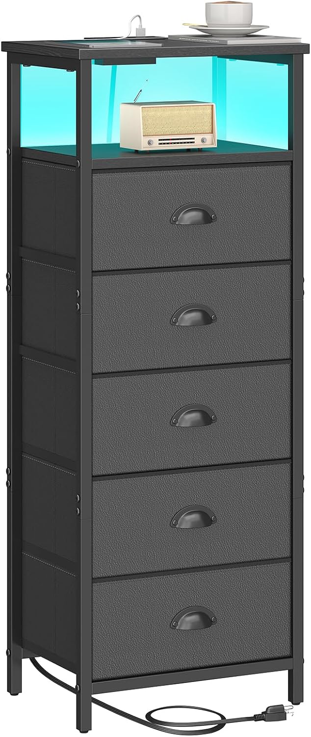 Nightstand with Charging Station,LED Black Nightstands with 5 Fabric Drawers ...
